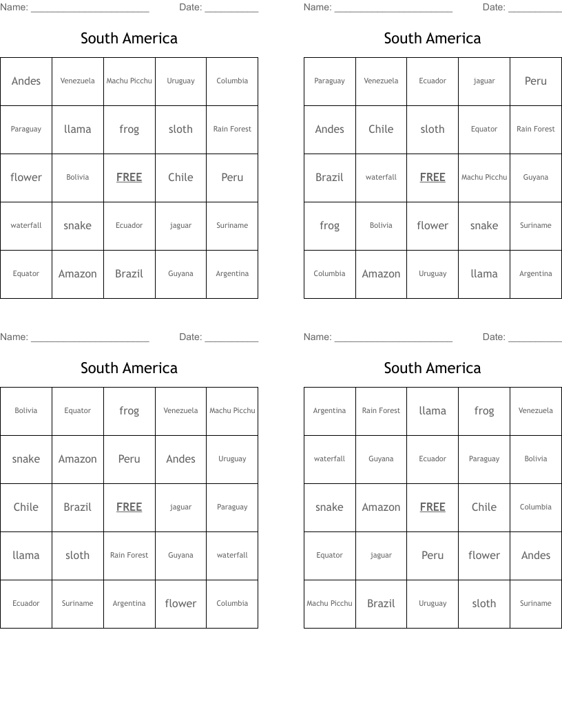South America Bingo Cards