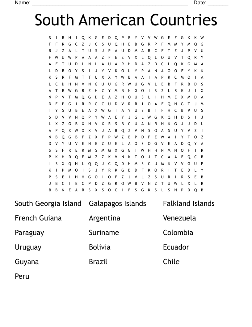 South American Countries Word Search