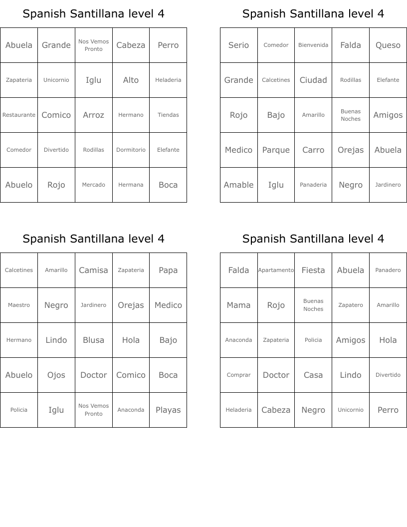 Spanish Santillana level 4 Bingo Cards