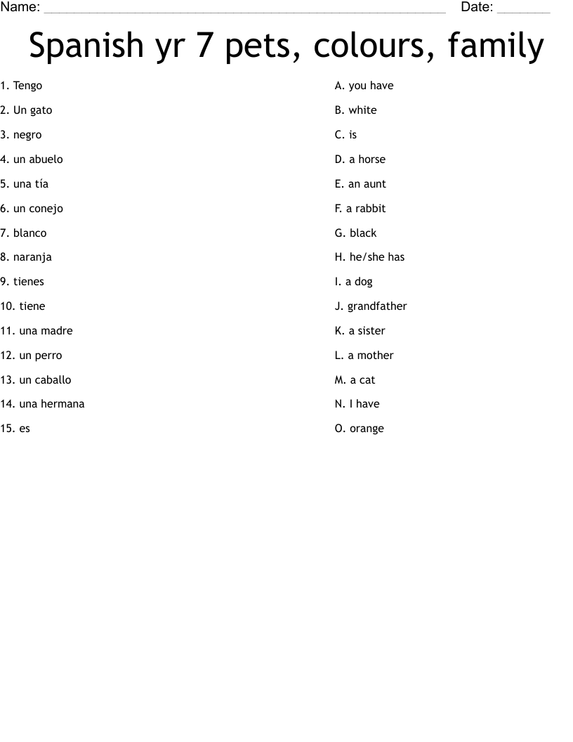 Spanish yr 7 pets, colours, family Worksheet