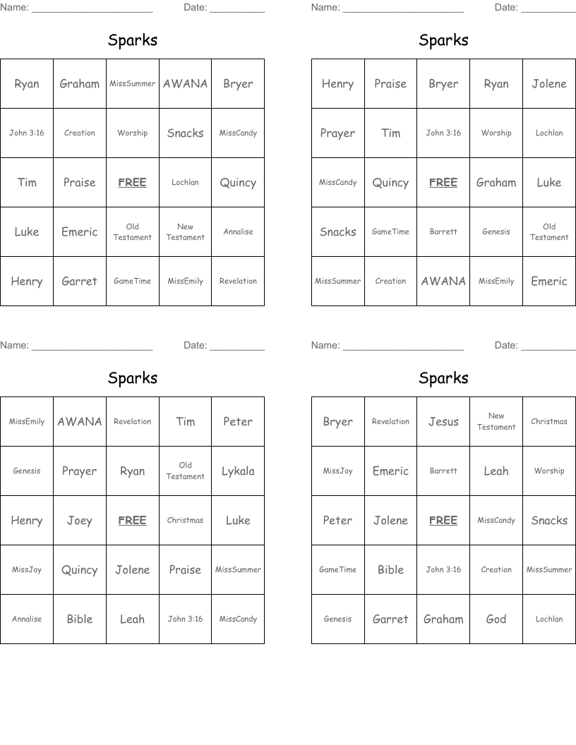 Sparks Bingo Cards