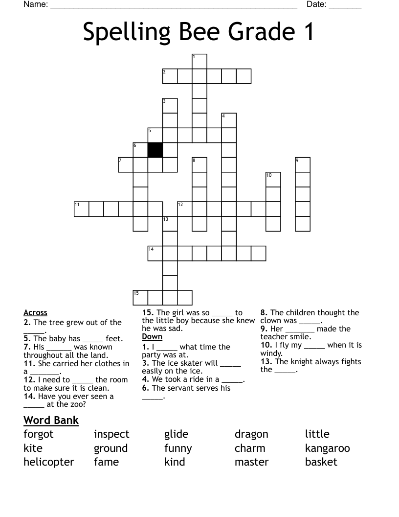 Spelling Bee Grade 1 Crossword