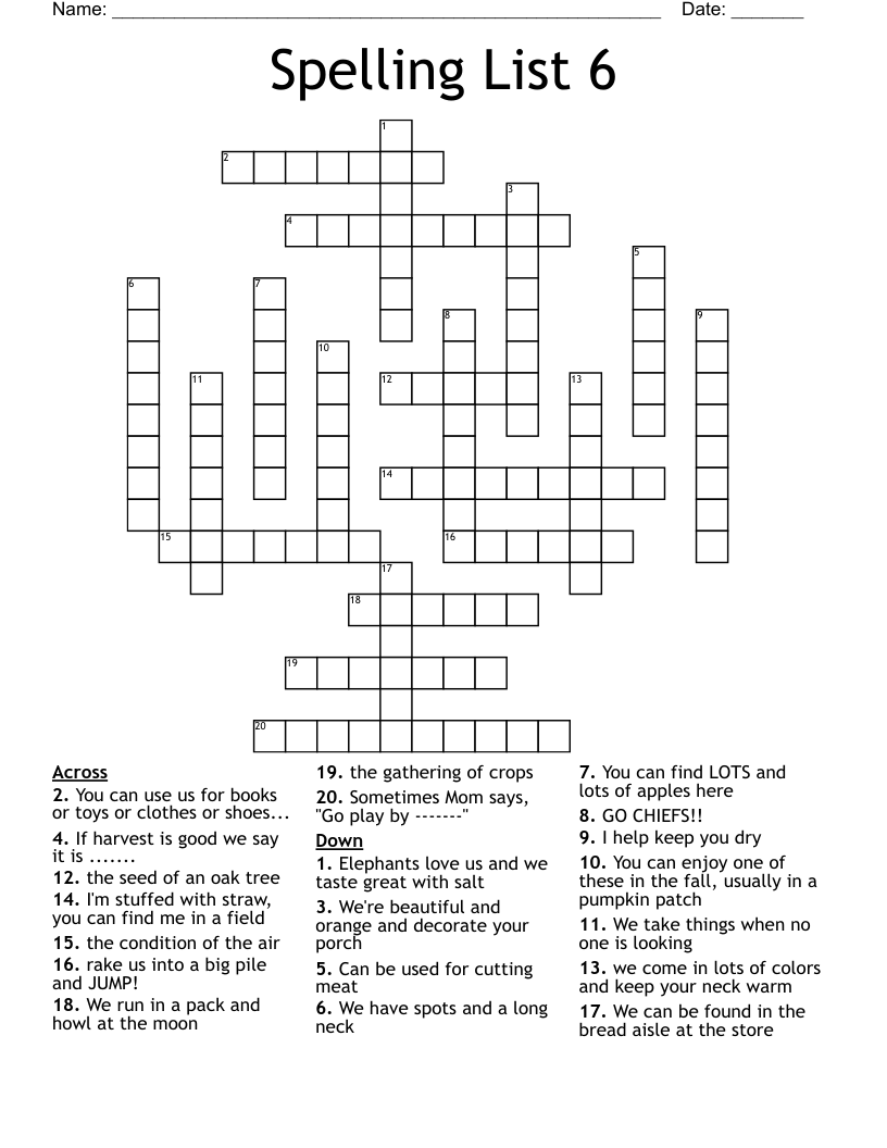 Spelling List 6 Crossword