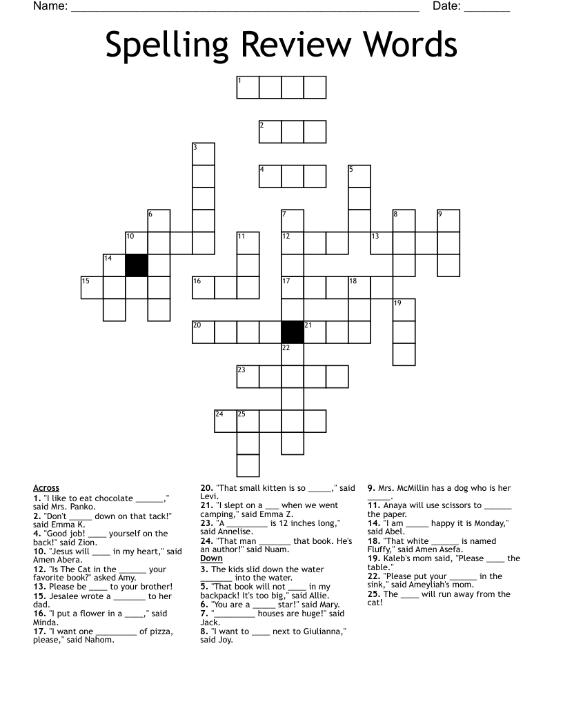 Spelling Review Words Crossword