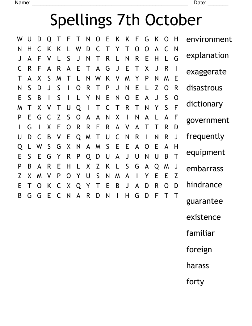 Spellings 7th October Word Search