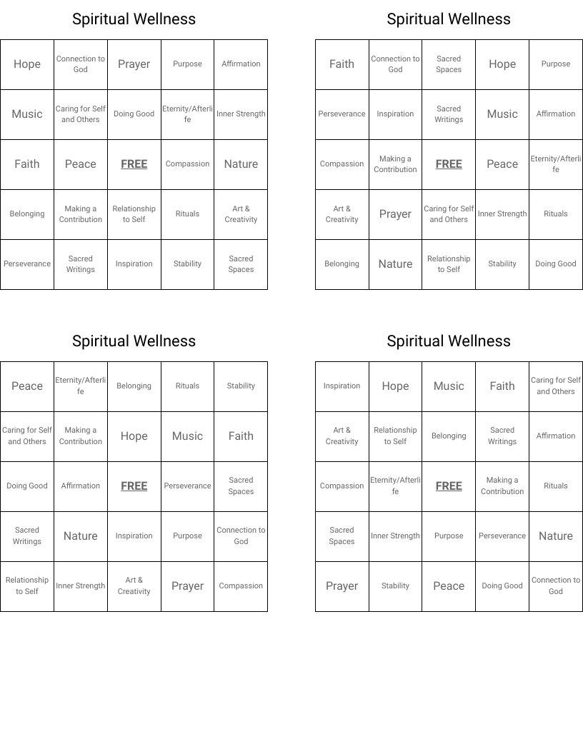 Spiritual Wellness Bingo Cards