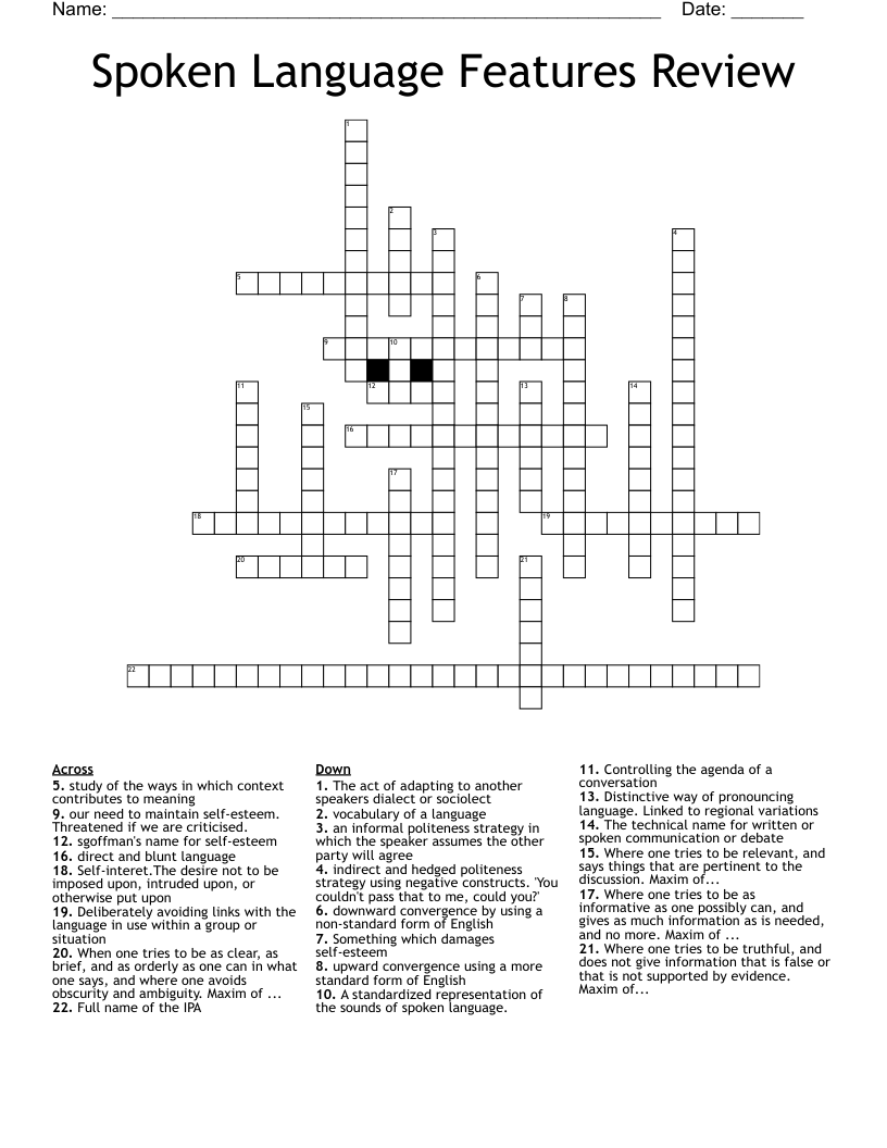 Spoken Language Features Review Crossword