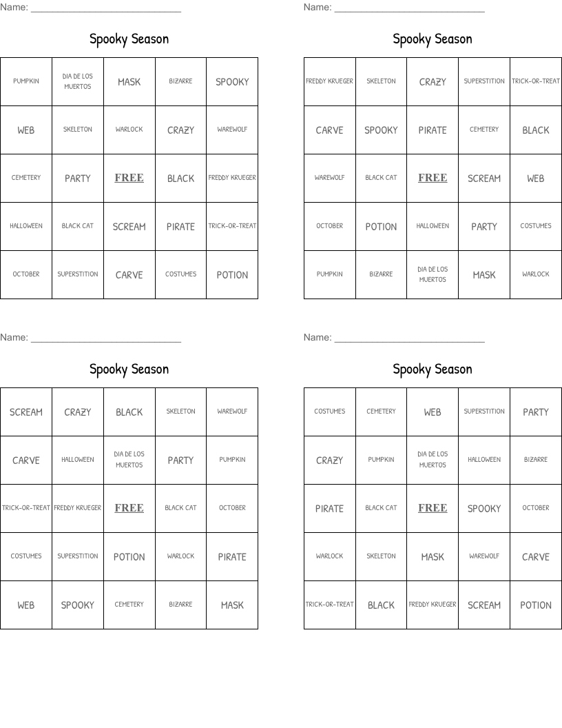 Spooky Season Bingo Cards