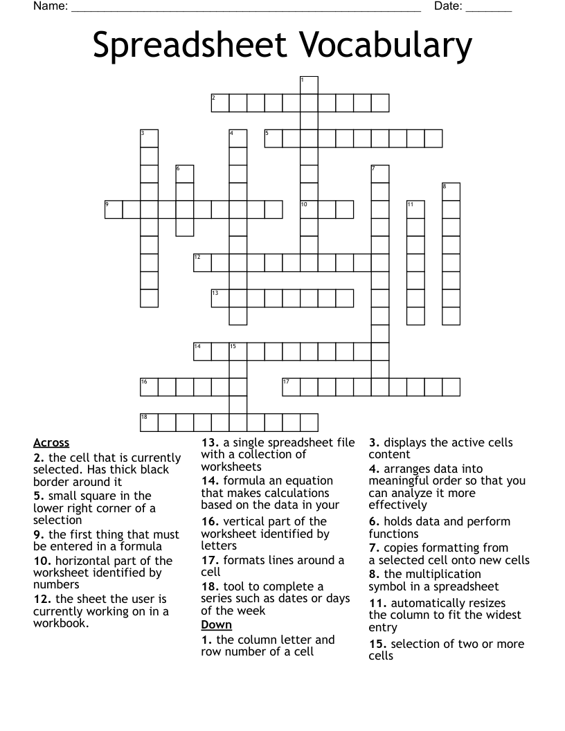 Spreadsheet Vocabulary Crossword