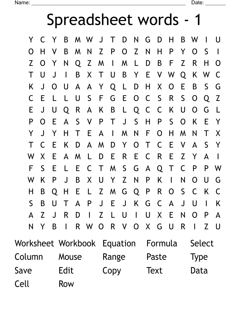 Spreadsheet words - 1  Word Search