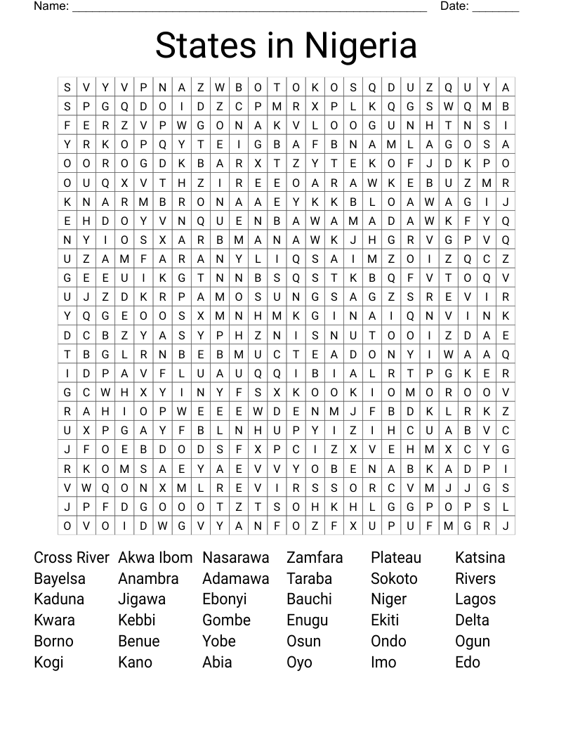 States in Nigeria   Word Search