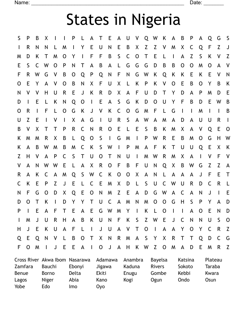 States in Nigeria   Word Search