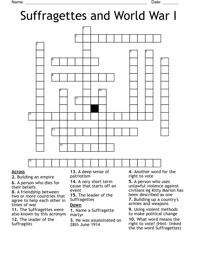Suffragettes and World War I Crossword