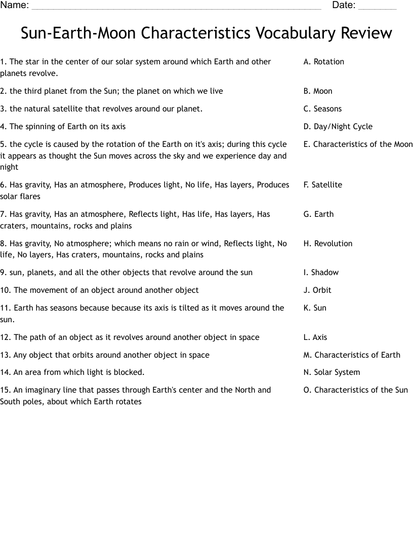 Sun-Earth-Moon Characteristics Vocabulary Review Worksheet