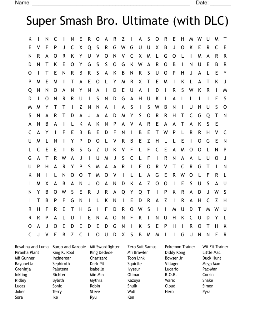 Super Smash Bro. Ultimate (with DLC) Word Search