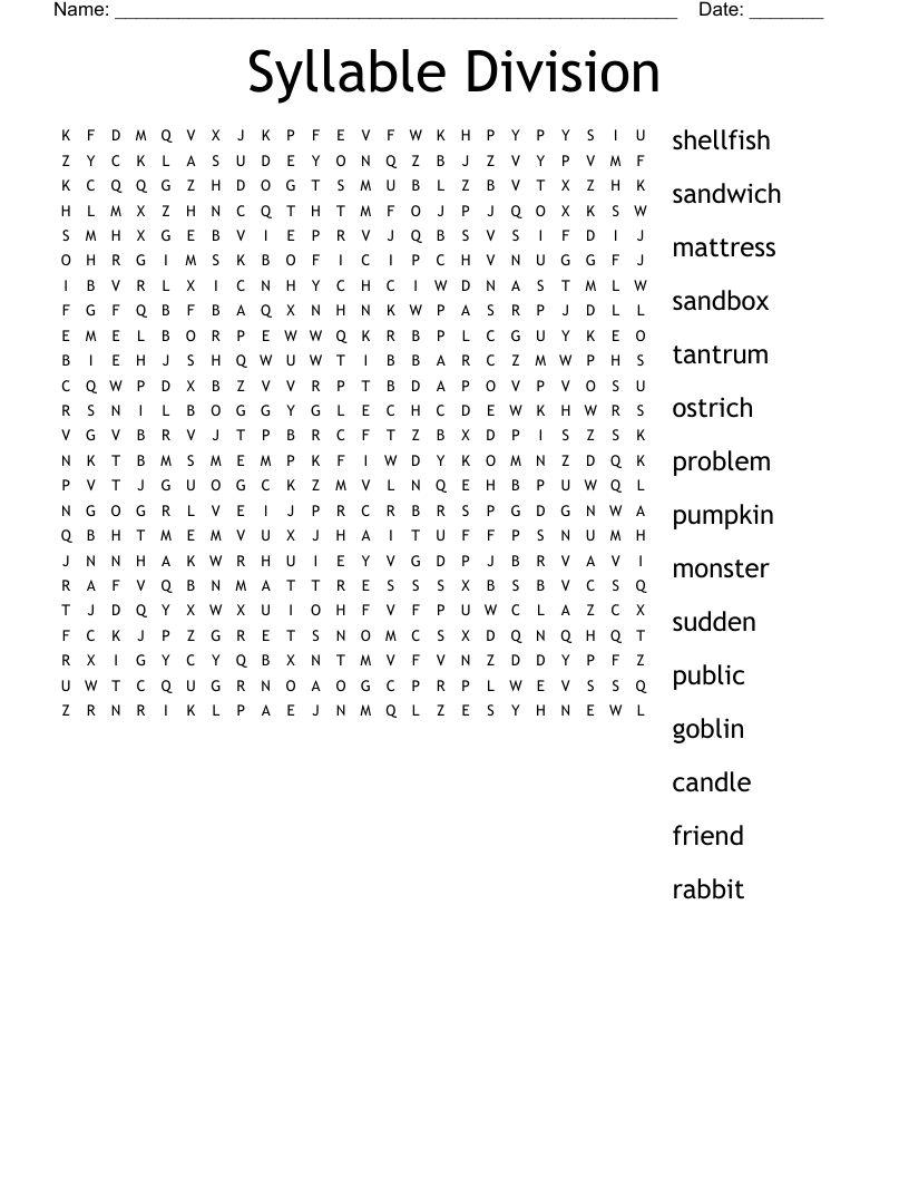 Syllable Division Word Search