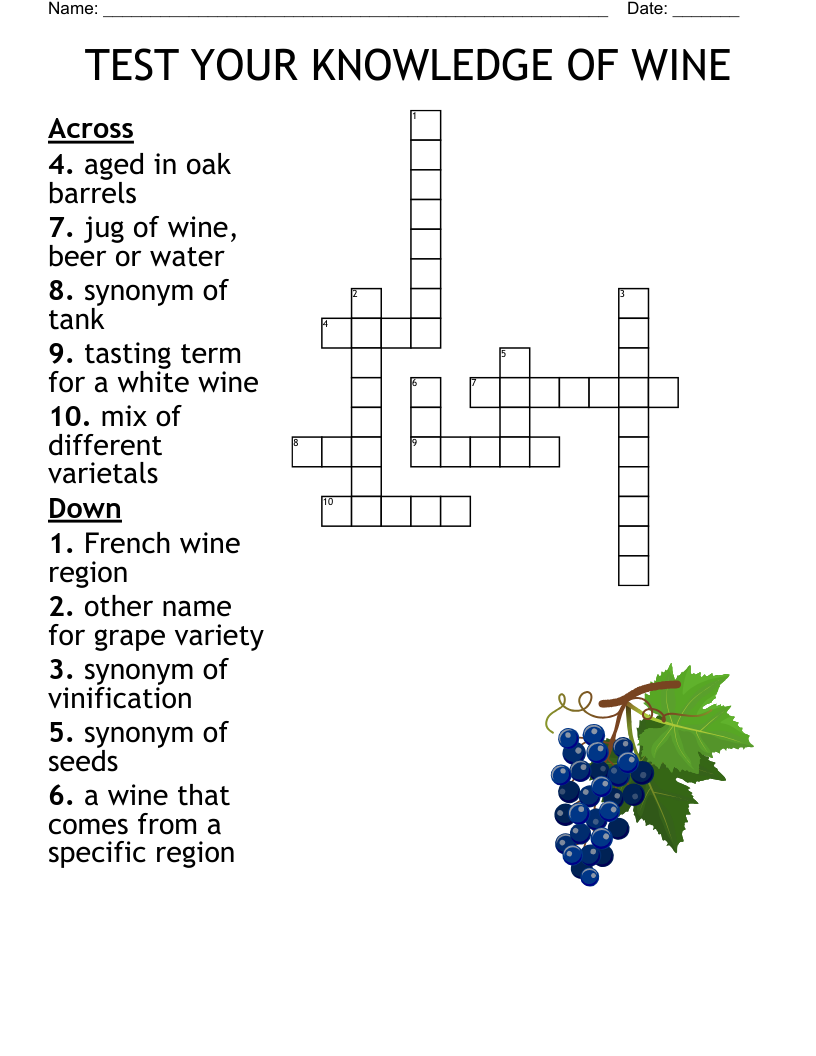 TEST YOUR KNOWLEDGE OF WINE Crossword