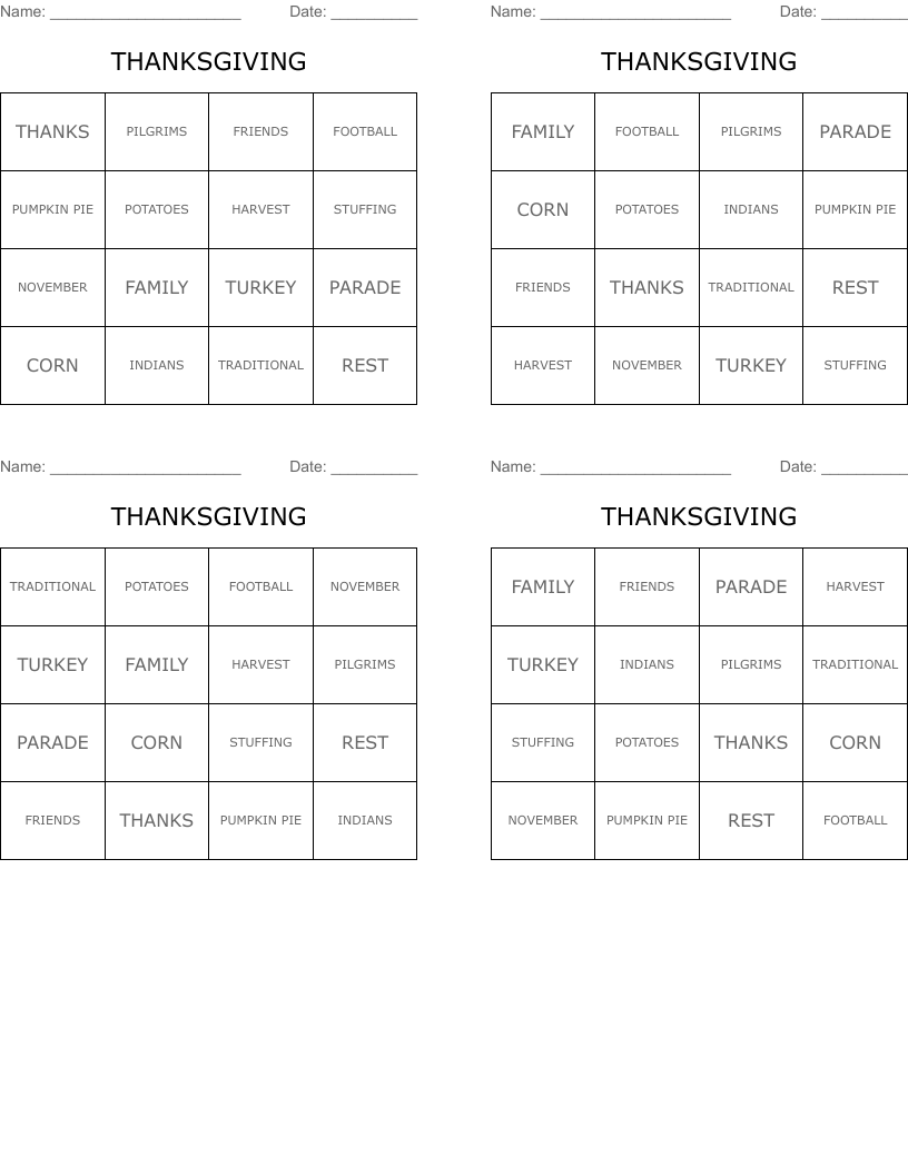 THANKSGIVING Bingo Cards