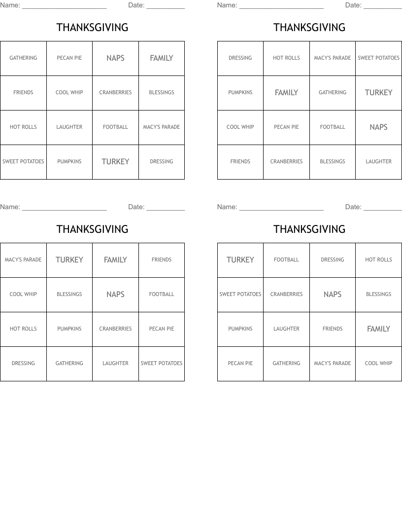 THANKSGIVING Bingo Cards