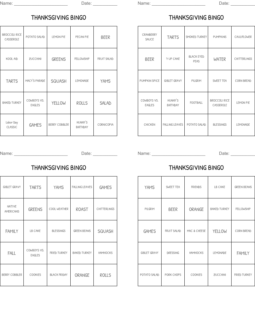 THANKSGIVING BINGO