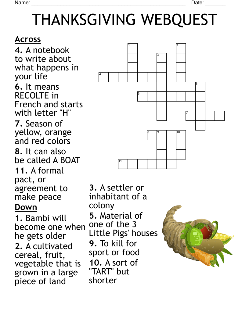 THANKSGIVING WEBQUEST Crossword