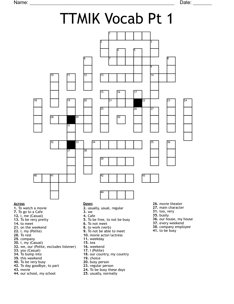 TTMIK Vocab Pt 1 Crossword