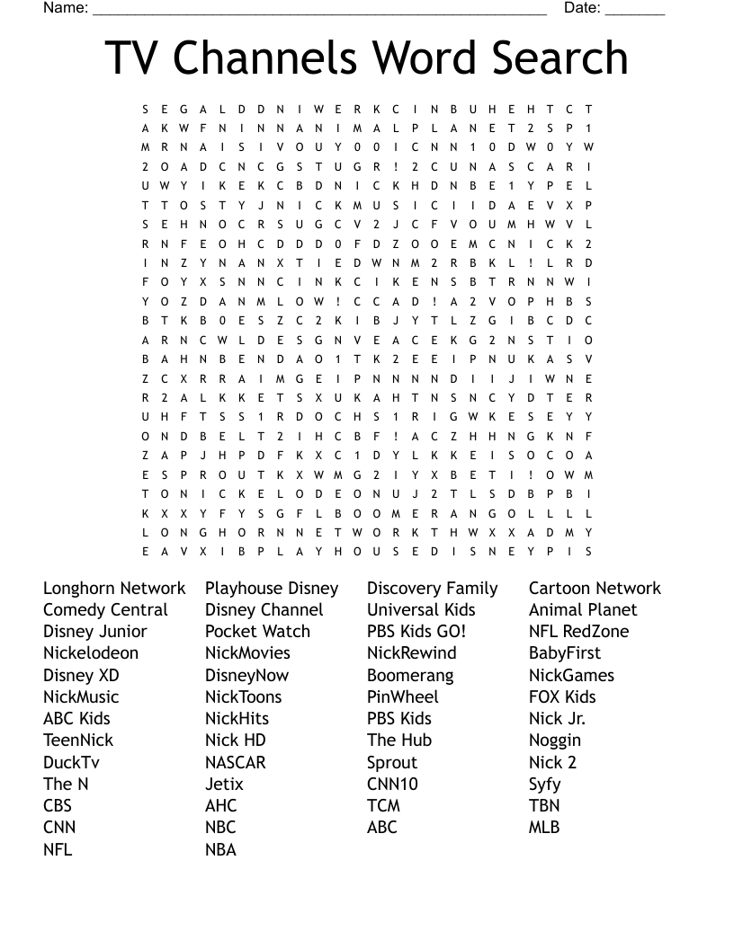 TV Channels Word Search