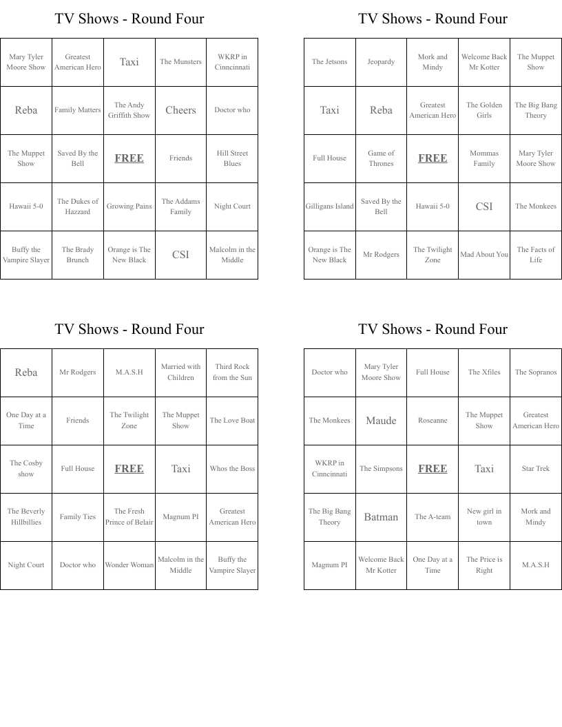 TV Shows - Round Four Bingo Cards