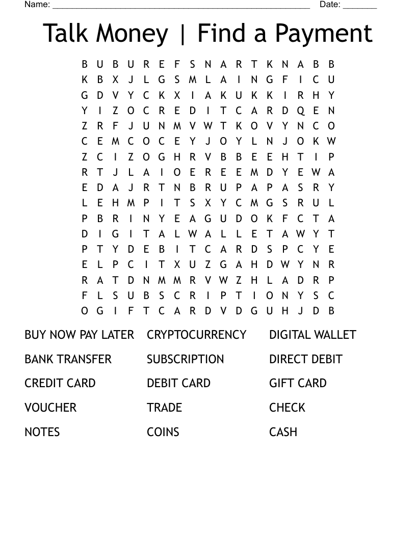 Talk Money | Find a Payment Word Search