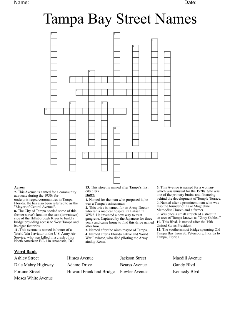 Tampa Bay Street Names  Crossword