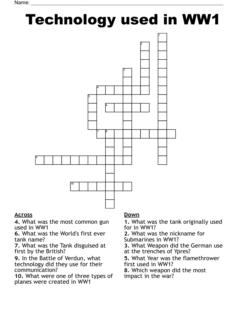 Technology used in WW1 Crossword