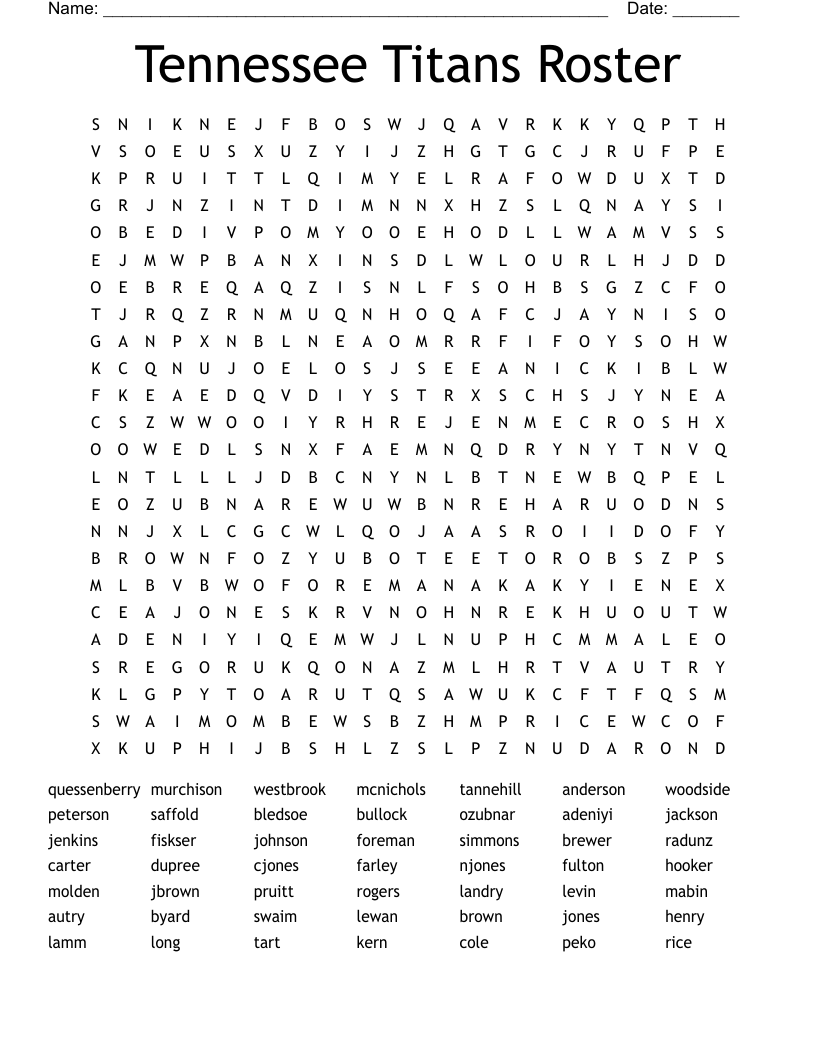 Tennessee Titans Roster Word Search