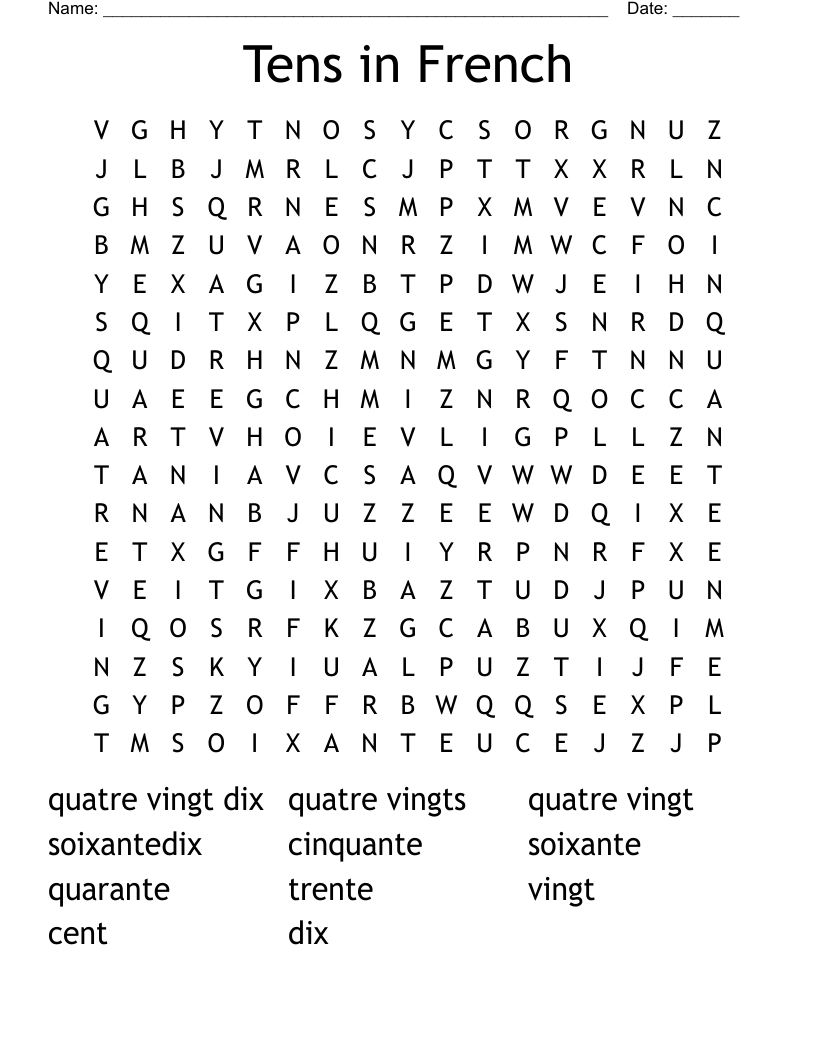 Tens in French Word Search