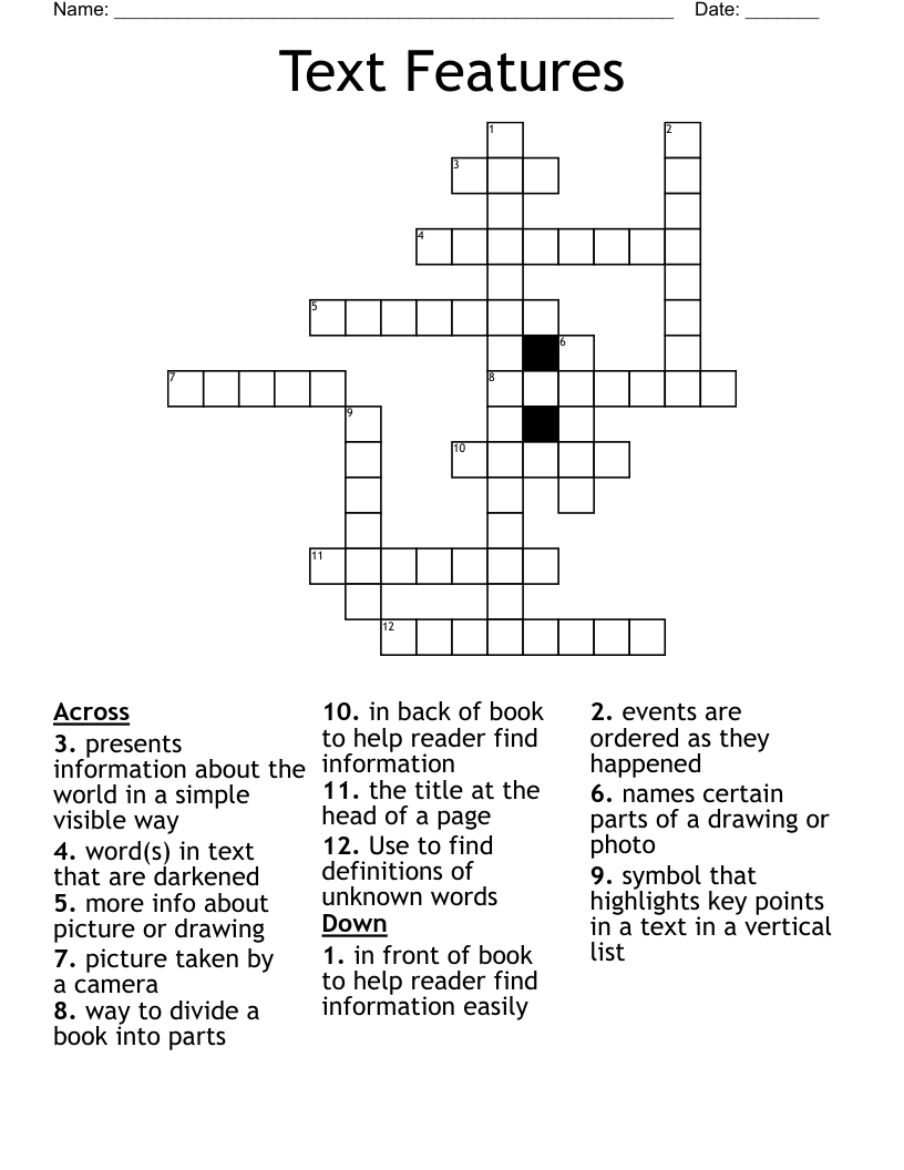 Text Features Crossword