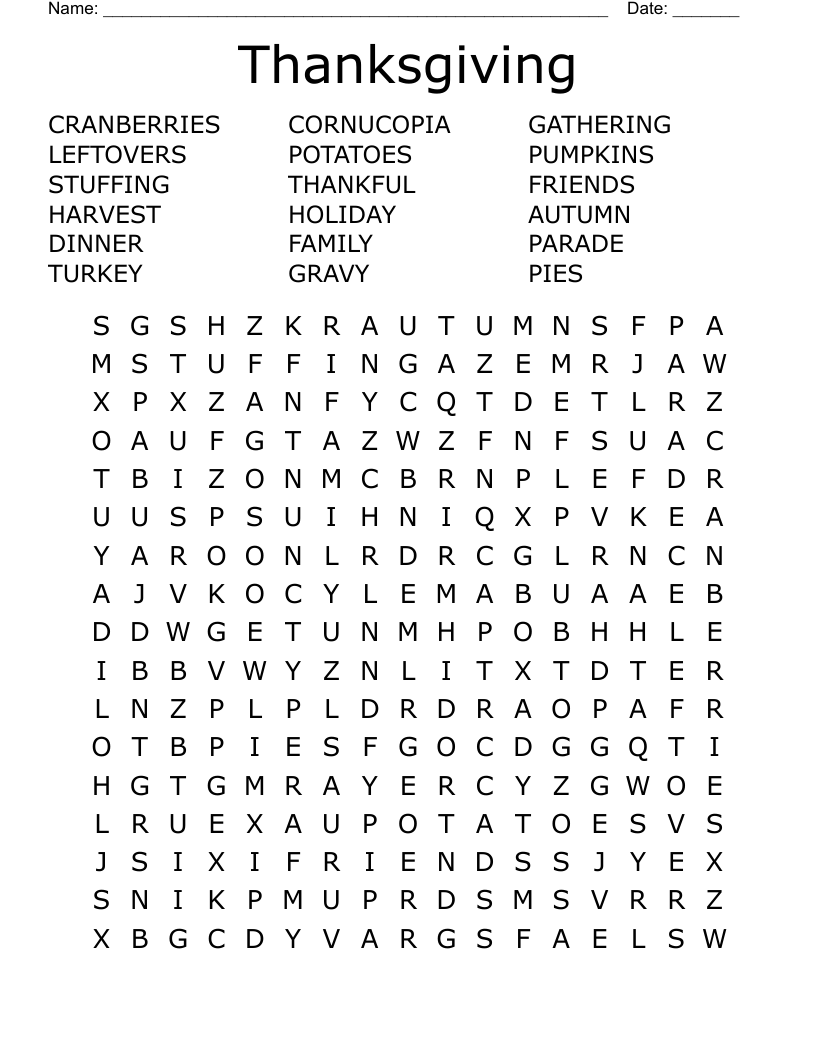 Thanksgiving Word Search