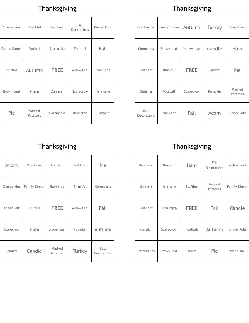 Thanksgiving Bingo Cards