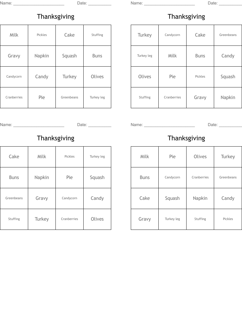 Thanksgiving Bingo Cards