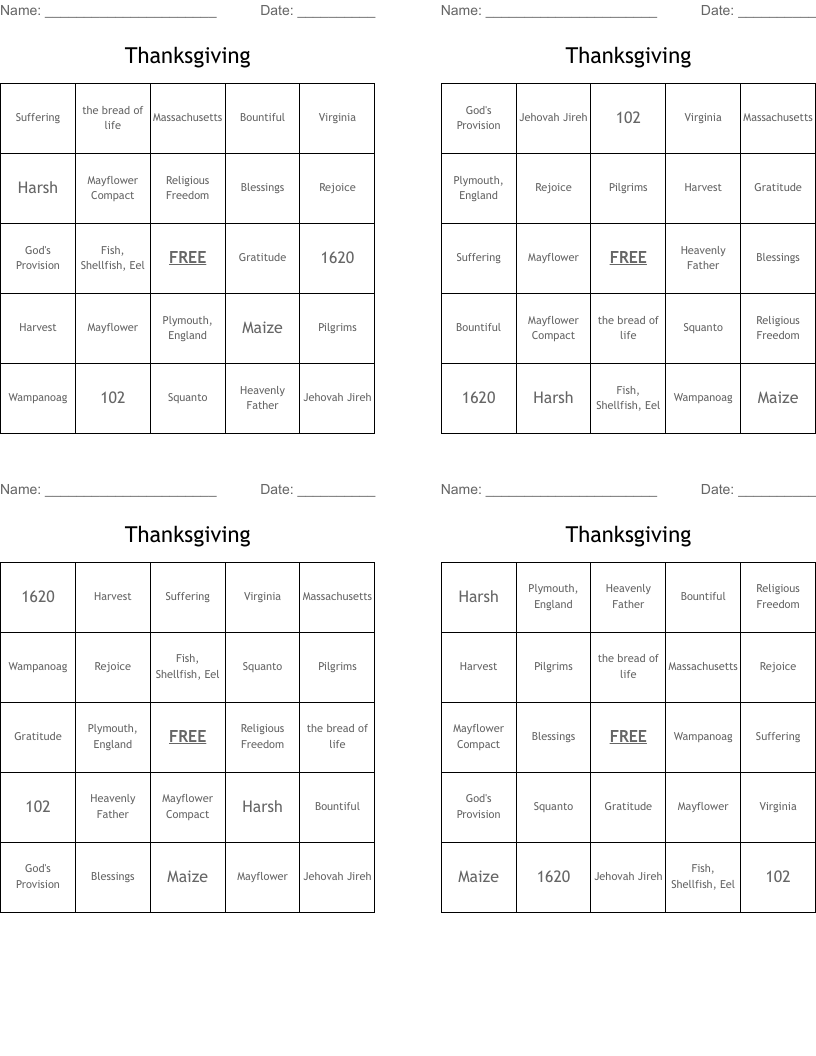 Thanksgiving Bingo Cards