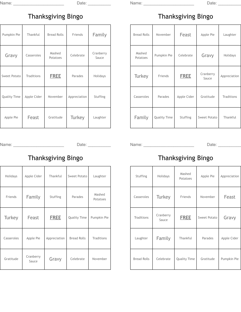 Thanksgiving Bingo