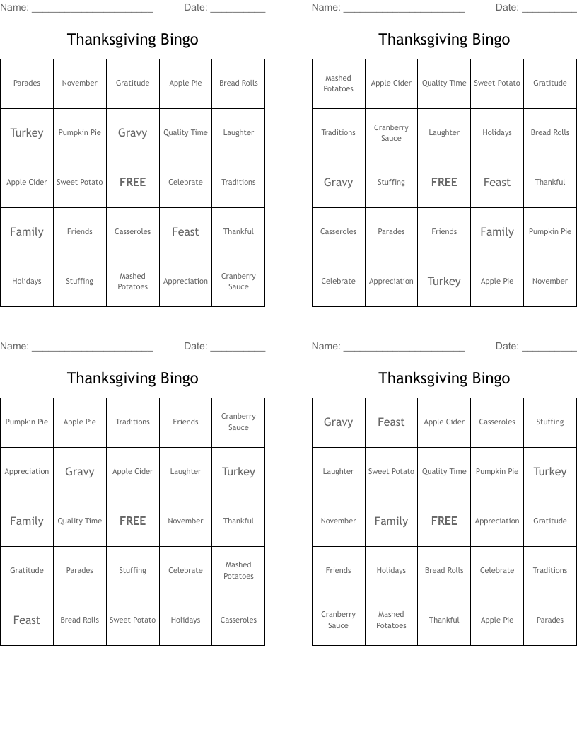 Thanksgiving Bingo