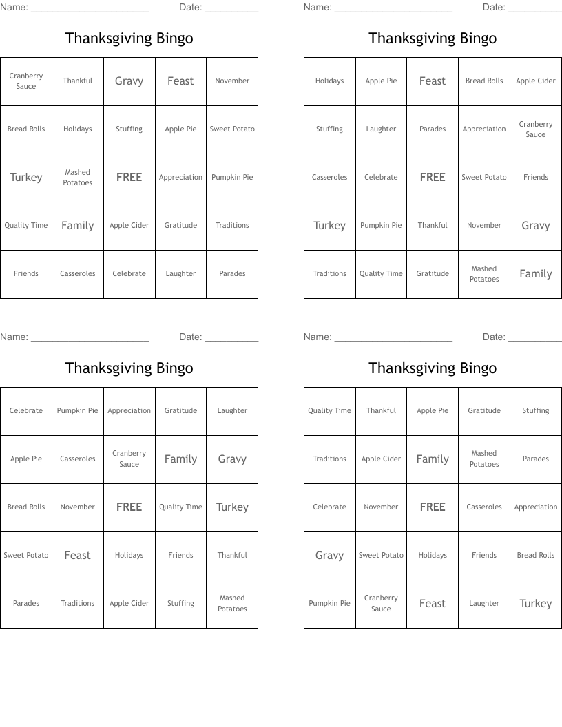 Thanksgiving Bingo