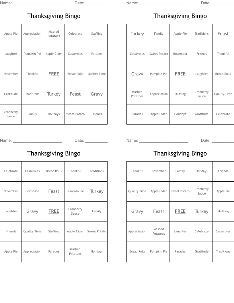 Thanksgiving Bingo