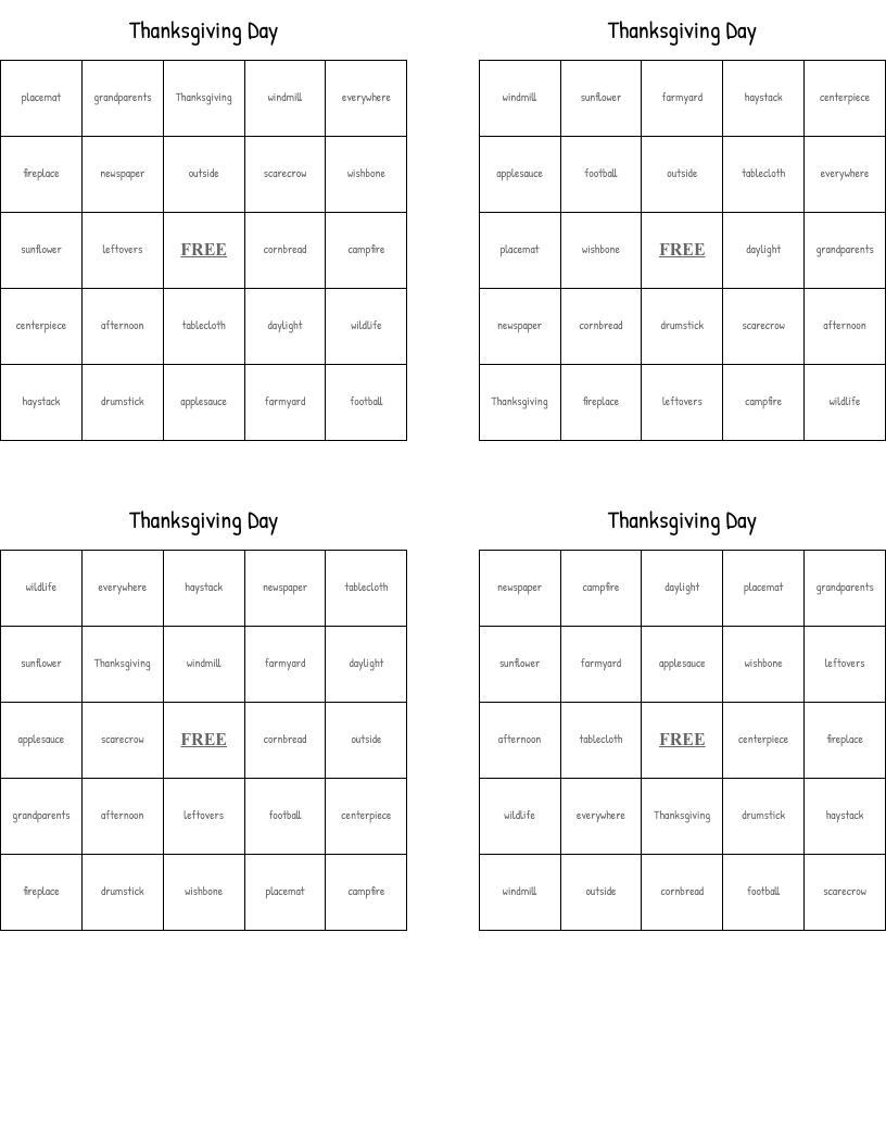 Thanksgiving Day Bingo Cards