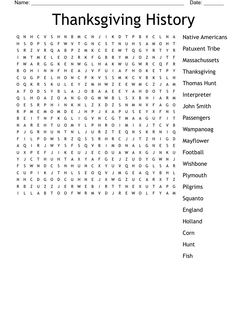 Thanksgiving History  Word Search