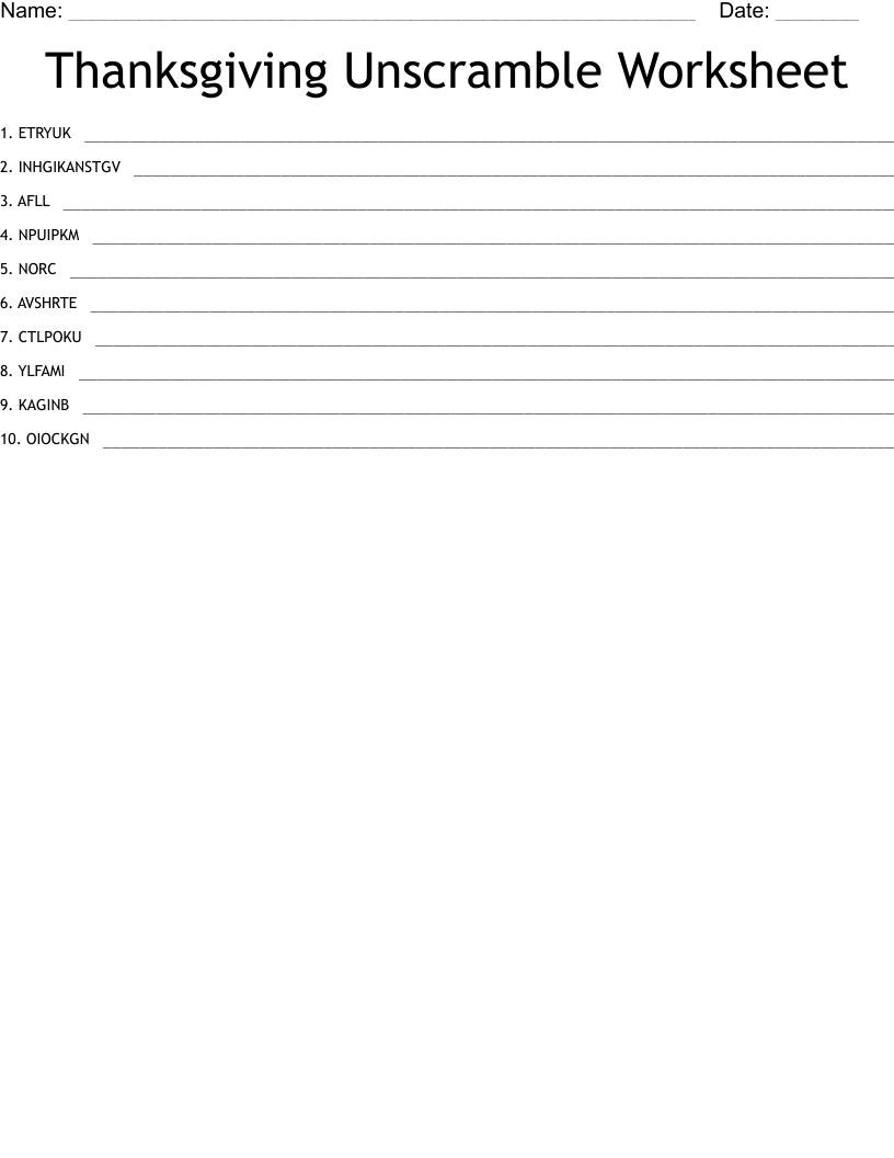 Thanksgiving Unscramble Worksheet