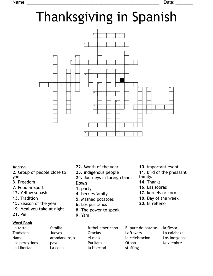 Thanksgiving in Spanish Crossword
