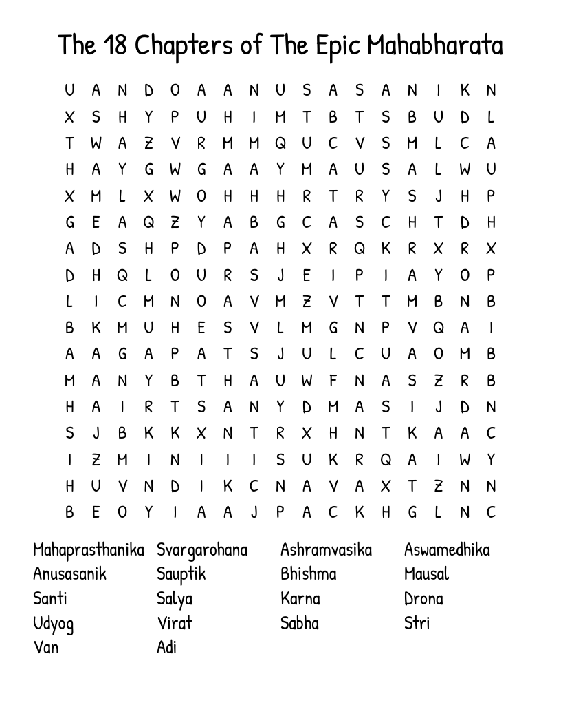 The 18 Chapters of The Epic Mahabharata Word Search