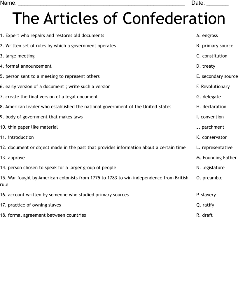 The Articles of Confederation Worksheet