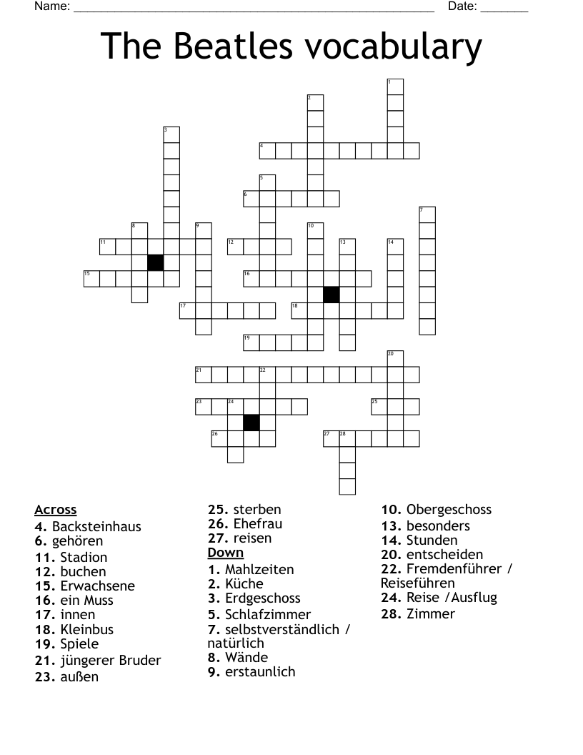 The Beatles vocabulary Crossword