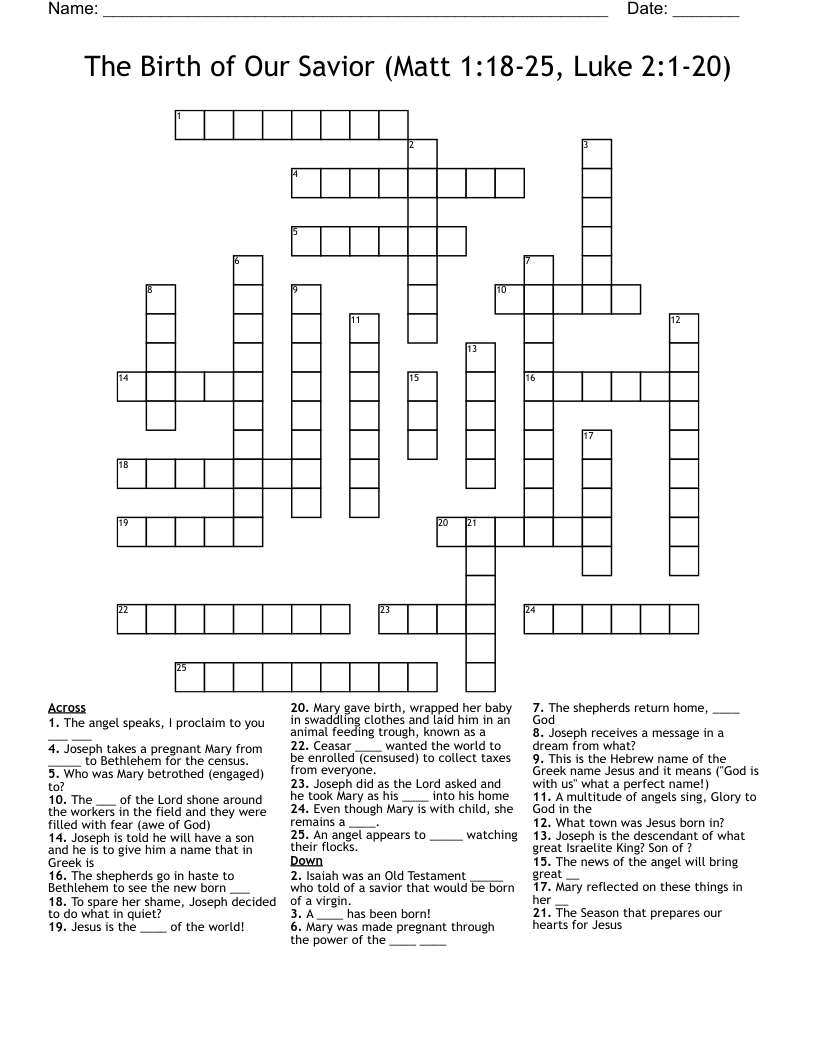The Birth of Our Savior (Matt 1:18-25, Luke 2:1-20) Crossword